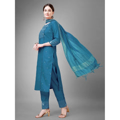 Women's Casual 3-4 th Sleeve Embroidery Cotton Kurti Pant Dupatta Set (Blue ) - GillKart