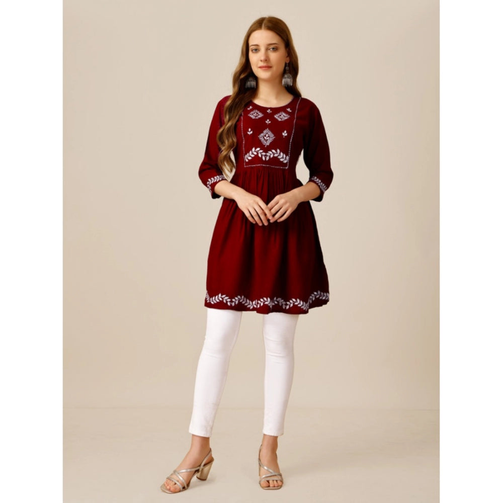 Women's Casual 3-4 th Sleeve Embroidered Rayon Tunic Top (Maroon) - GillKart