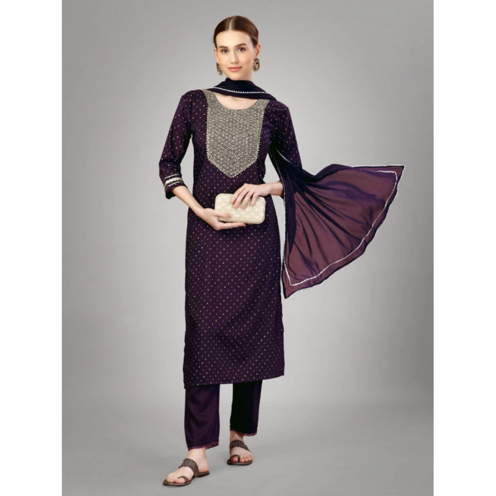 Women's Casual 3-4 th Sleeve Embroidery Silk Blend Kurti Pant Dupatta Set (Purple) - GillKart