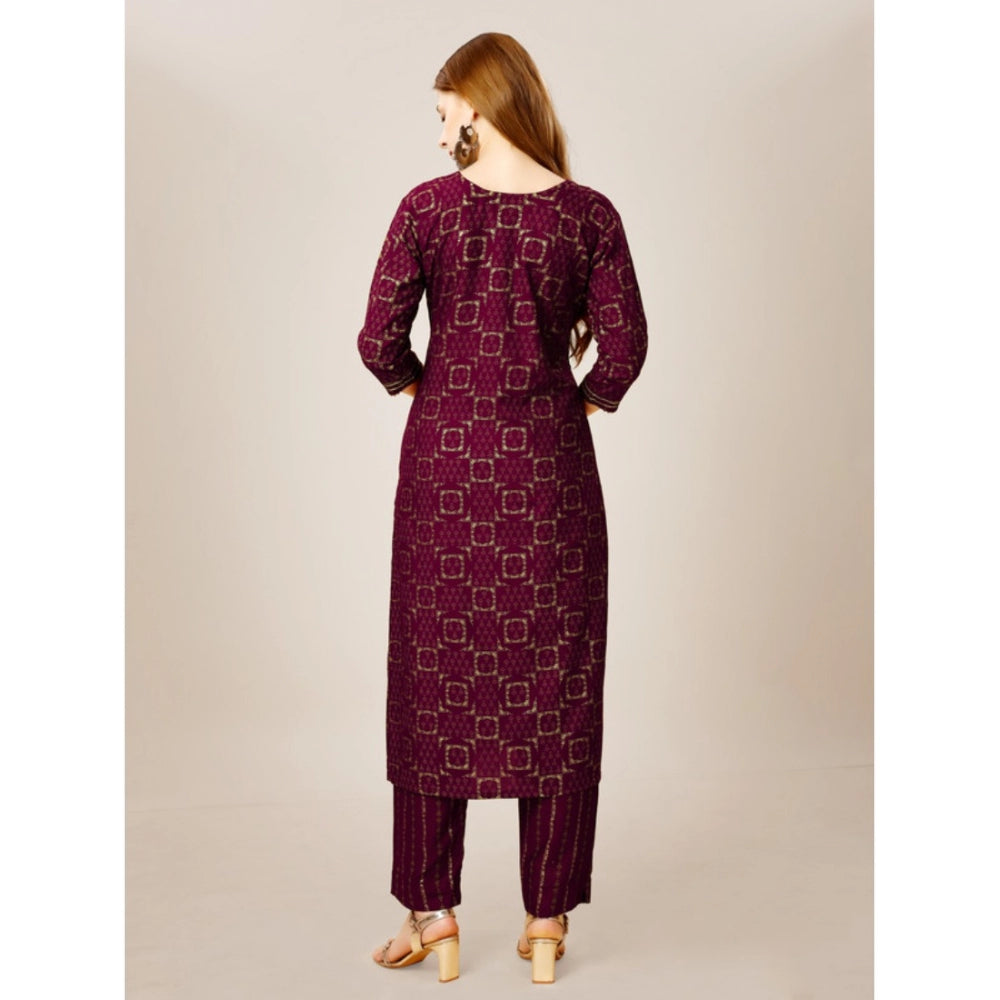 Women's Casual 3-4 th Sleeve Embroidery Rayon Kurti Pant Set (Purple) - GillKart