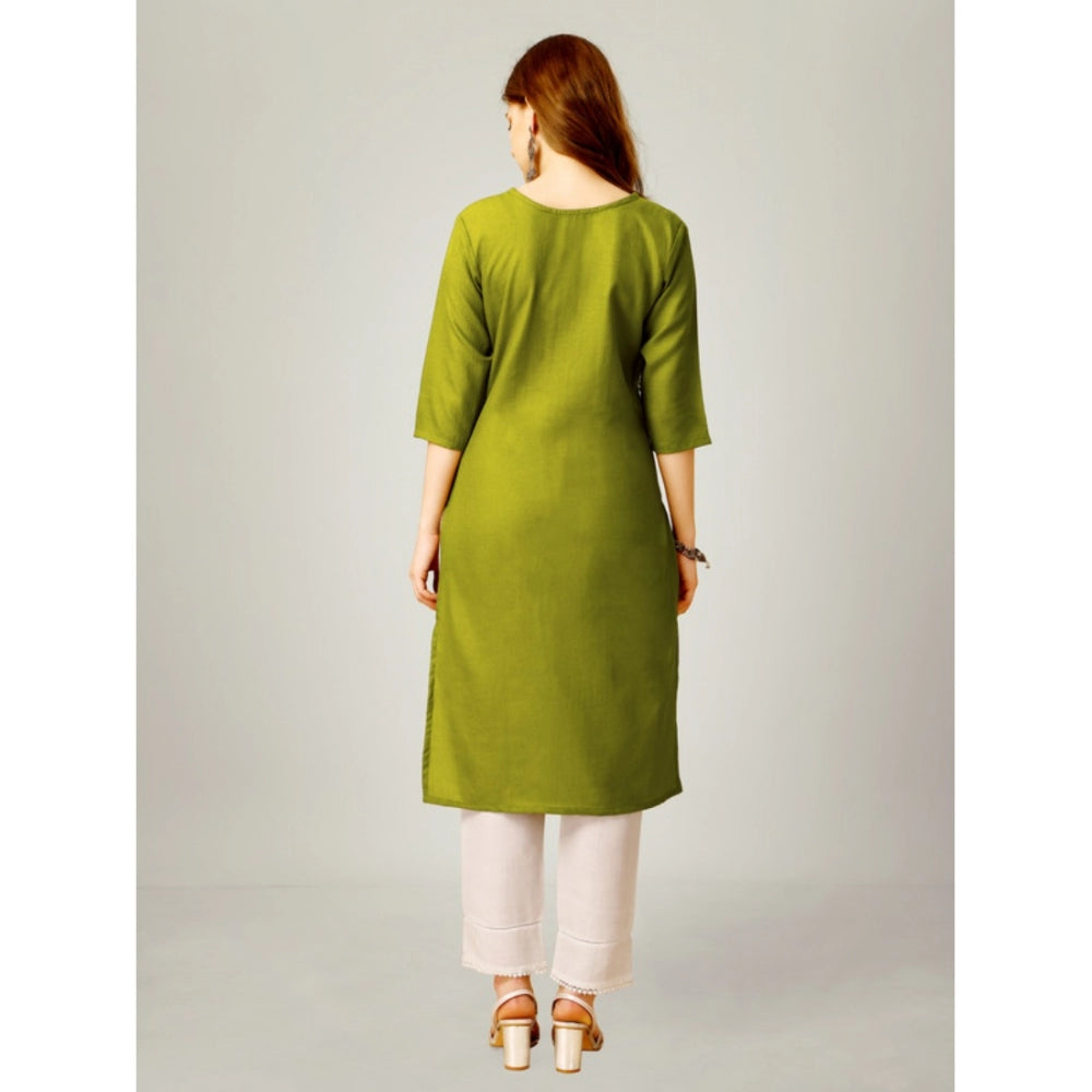 Women's Casual 3-4 th Sleeve Embroidery Cotton Kurti Pant Set (Green) - GillKart