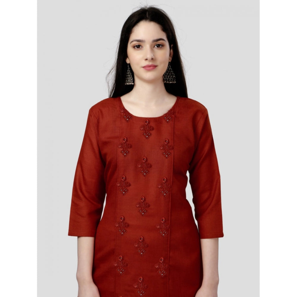 Women's Casual 3-4 th Sleeve Embroidery Cotton Kurti (Rust) - GillKart