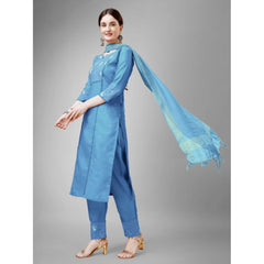 Women's Casual 3-4 th Sleeve Embroidery Cotton Kurti Pant Dupatta Set (Sky Blue) - GillKart