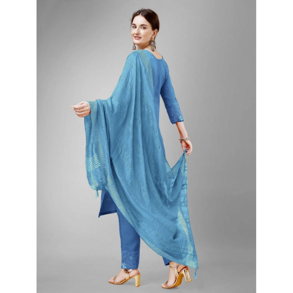 Women's Casual 3-4 th Sleeve Embroidery Cotton Kurti Pant Dupatta Set (Sky Blue) - GillKart