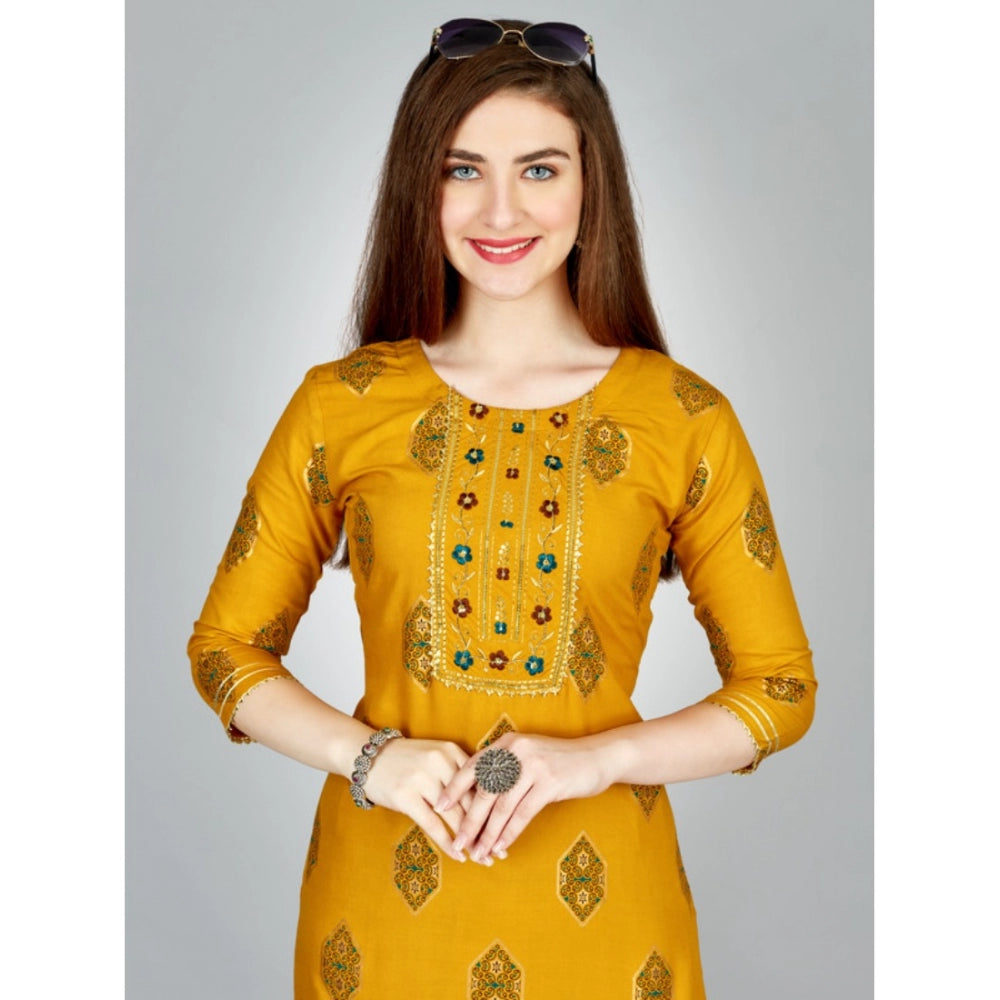 Women's Casual 3-4 th Sleeve Embroidery Rayon Kurti Pant Set (Yellow) - GillKart