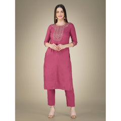 Women's Casual 3-4 th Sleeve Embroidery Cotton Kurti Pant Dupatta Set (Wine) - GillKart