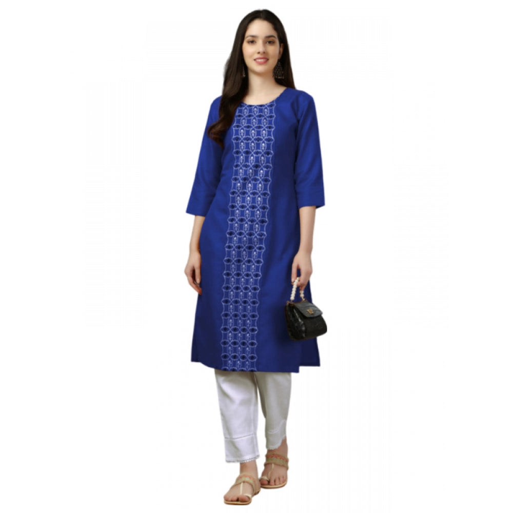 Women's Casual 3-4 th Sleeve Embroidery Cotton Kurti (Blue) - GillKart