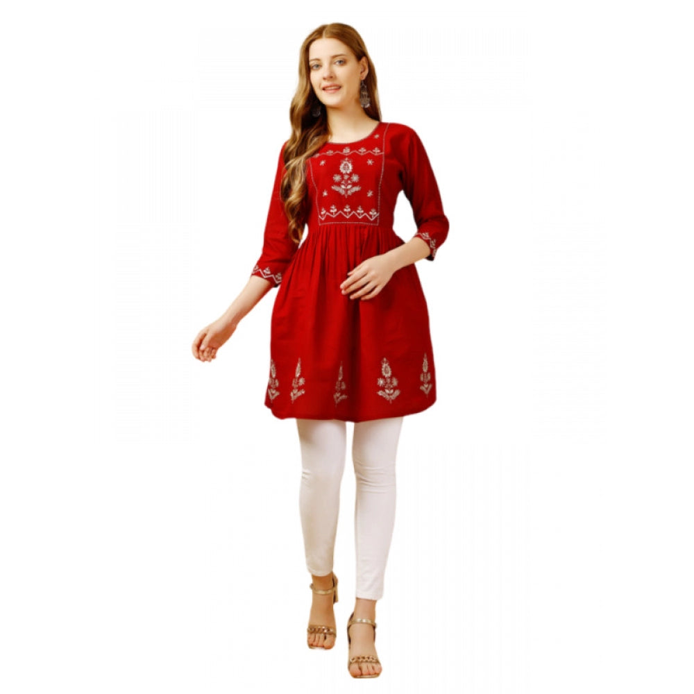 Women's Casual 3-4 th Sleeve Embroidered Rayon Tunic Top (Red) - GillKart