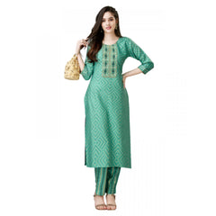 Women's Casual 3-4 th Sleeve Embroidery Rayon Kurti Pant Set (Green) - GillKart