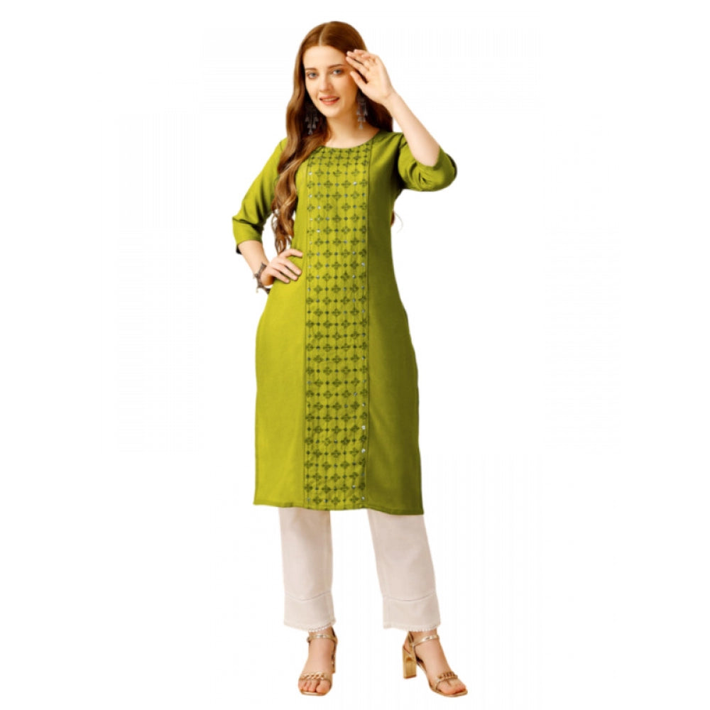 Women's Casual 3-4 th Sleeve Embroidery Cotton Kurti Pant Set (Green) - GillKart