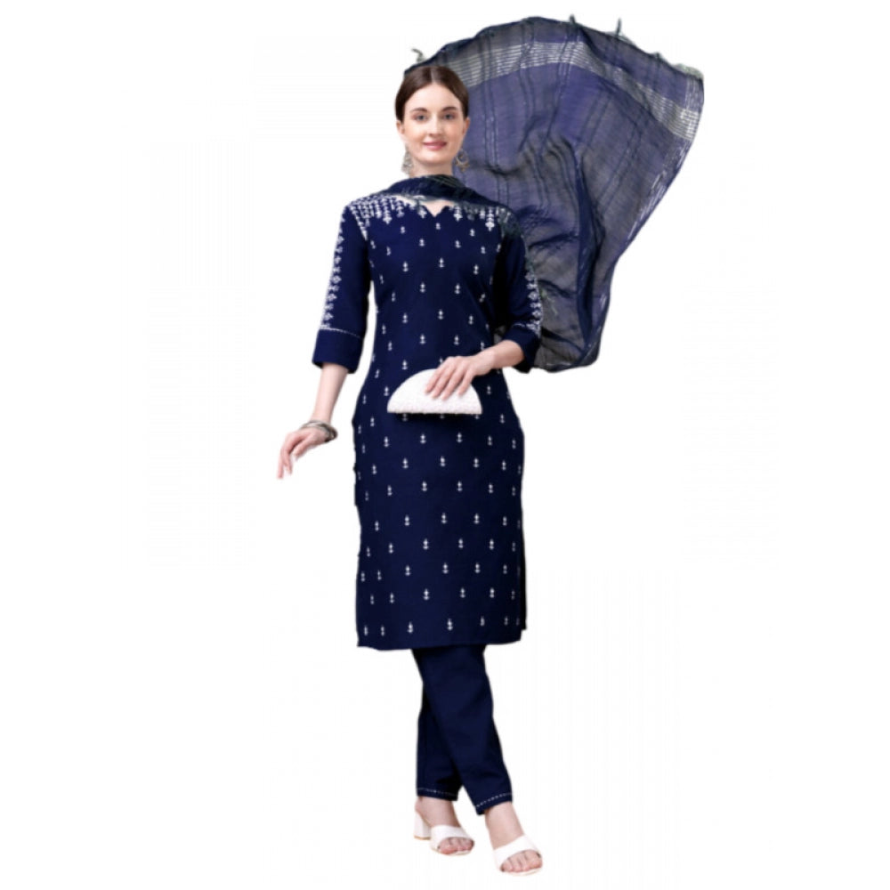 Women's Casual 3-4 th Sleeve Embroidery Cotton Kurti Pant Dupatta Set (Dark Blue) - GillKart