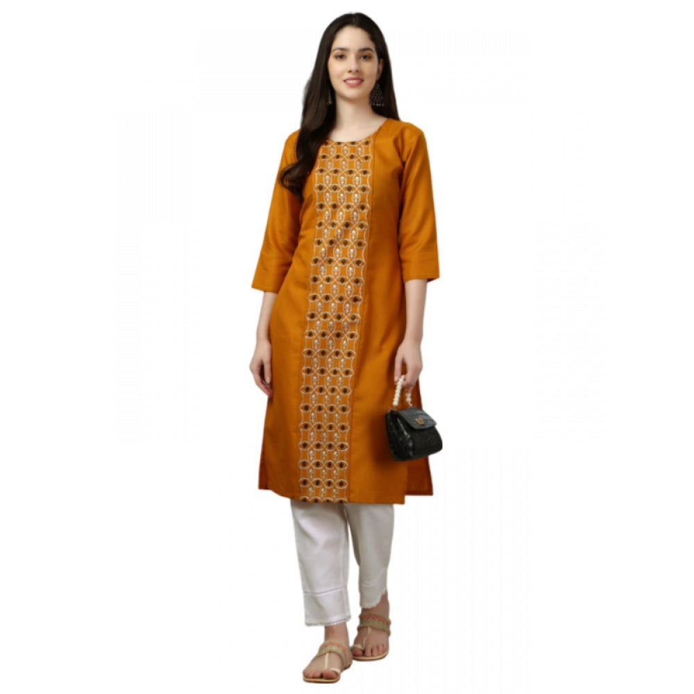 Women's Casual 3-4 th Sleeve Embroidery Cotton Kurti (Mustard) - GillKart