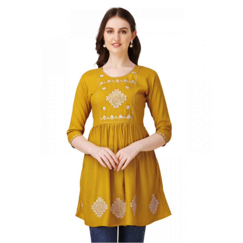Women's Casual 3-4 th Sleeve Embroidered Rayon Tunic Top (Mustard) - GillKart