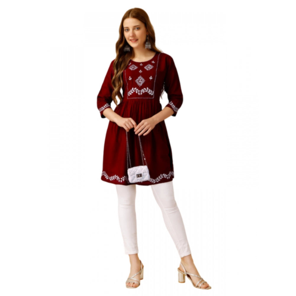 Women's Casual 3-4 th Sleeve Embroidered Rayon Tunic Top (Maroon) - GillKart