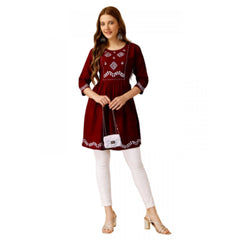 Women's Casual 3-4 th Sleeve Embroidered Rayon Tunic Top (Maroon) - GillKart