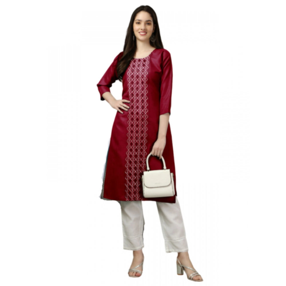 Women's Casual 3-4 th Sleeve Embroidery Cotton Kurti (Maroon) - GillKart