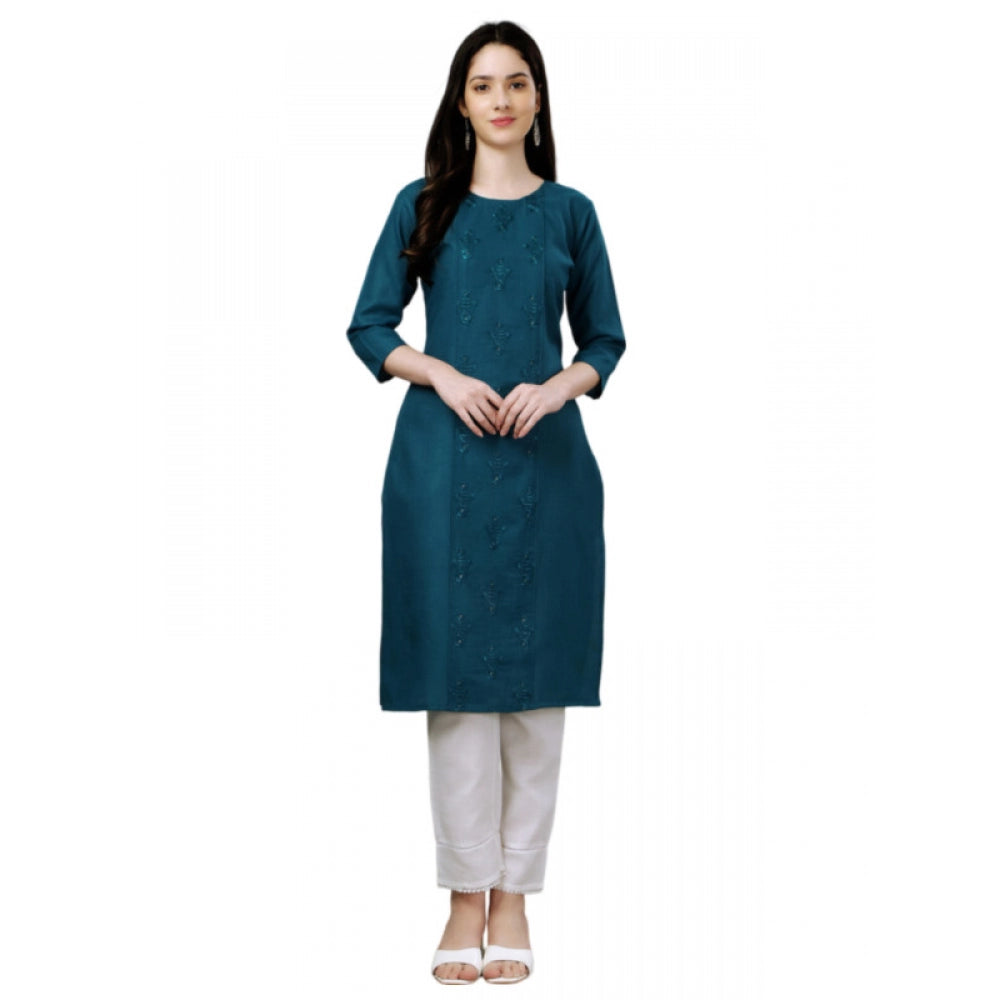 Women's Casual 3-4 th Sleeve Embroidery Cotton Kurti (Blue ) - GillKart