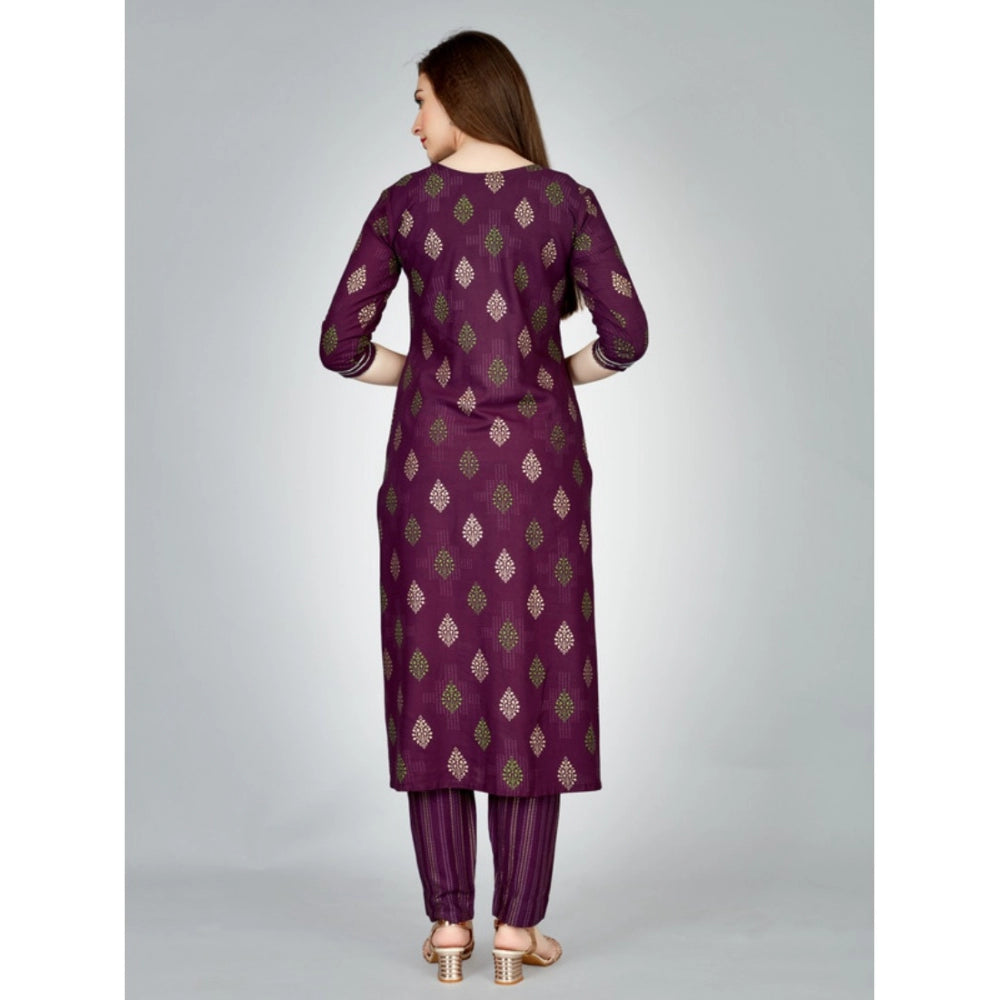 Women's Casual 3-4 th Sleeve Embroidery Rayon Kurti Pant Set (Purple) - GillKart