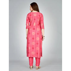 Women's Casual 3-4 th Sleeve Embroidery Rayon Kurti Pant Set (Pink) - GillKart