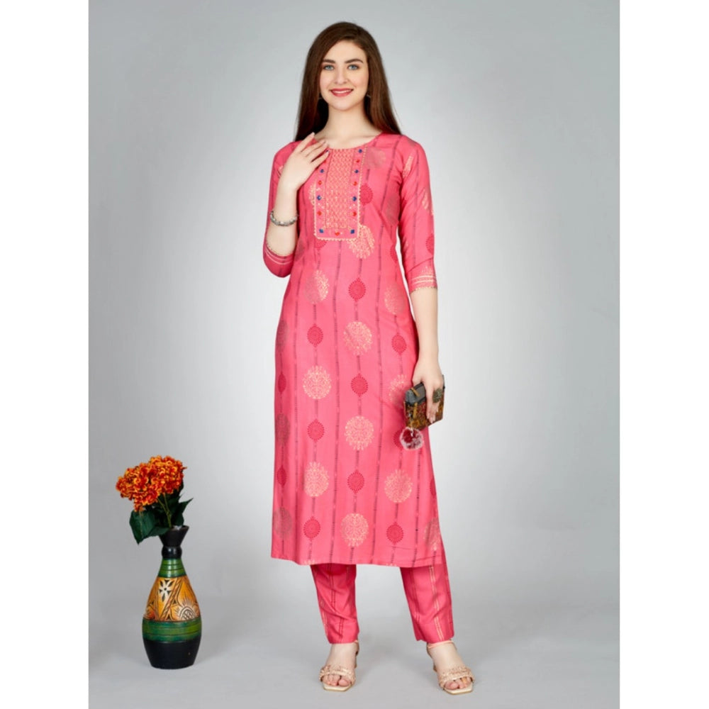 Women's Casual 3-4 th Sleeve Embroidery Rayon Kurti Pant Set (Pink) - GillKart