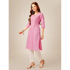 Women's Casual 3-4 th Sleeve Embroidery Cotton Kurti Pant Set (Pink) - GillKart