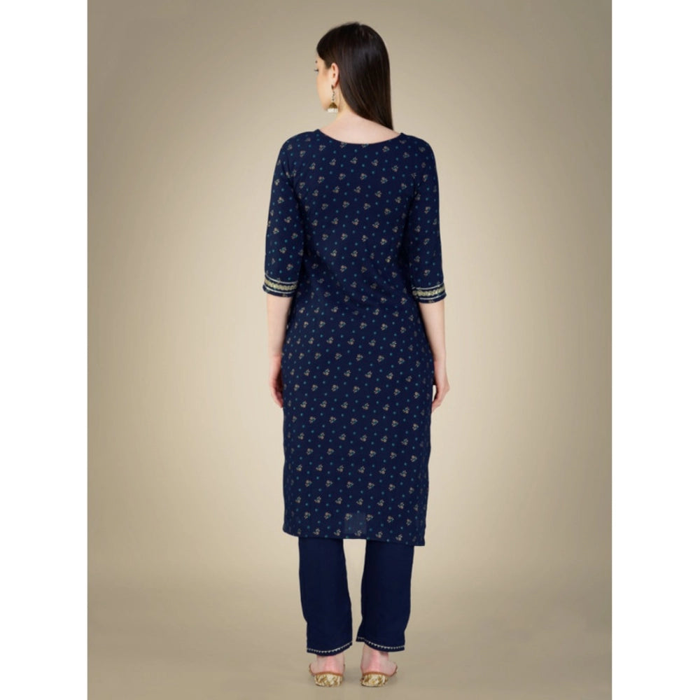 Women's Casual 3-4 th Sleeve Embroidery Cotton Kurti Pant Dupatta Set (Dark Blue) - GillKart