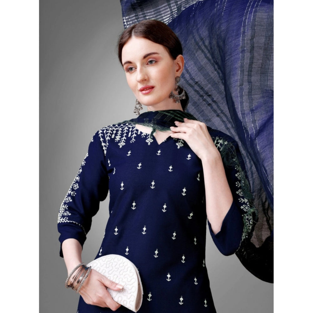 Women's Casual 3-4 th Sleeve Embroidery Cotton Kurti Pant Dupatta Set (Dark Blue) - GillKart