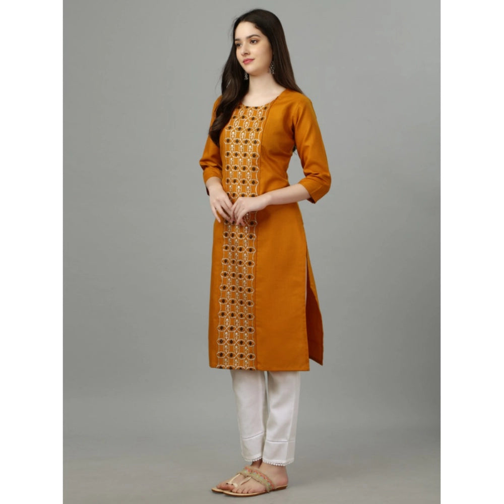 Women's Casual 3-4 th Sleeve Embroidery Cotton Kurti (Mustard) - GillKart