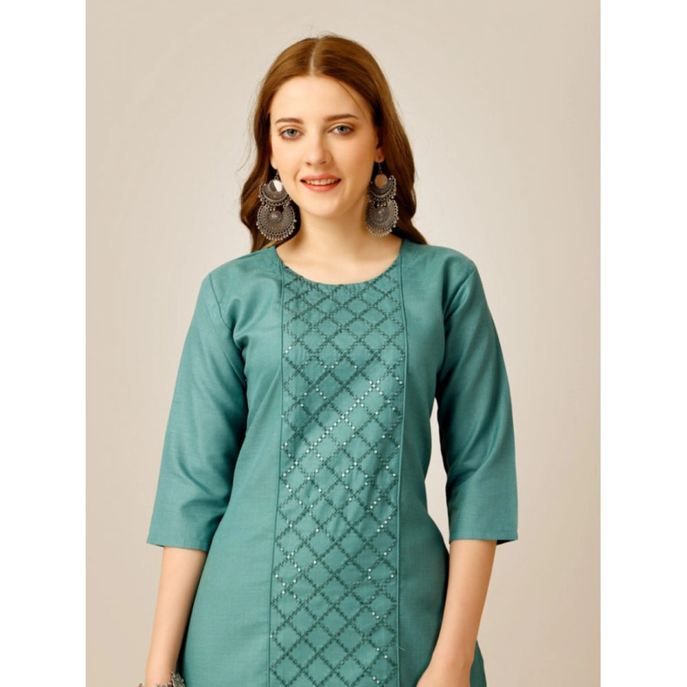 Women's Casual 3-4 th Sleeve Embroidery Cotton Kurti Pant Set (Green) - GillKart