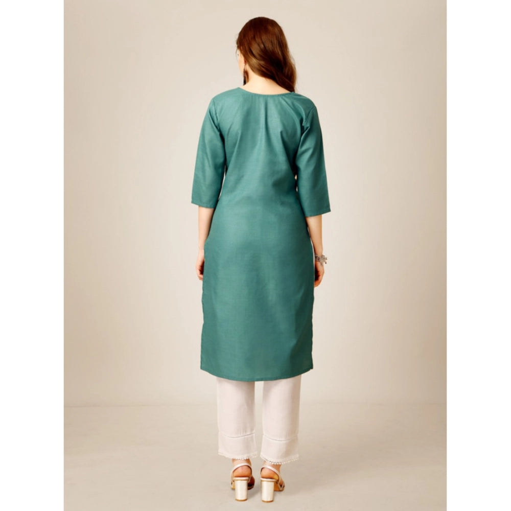 Women's Casual 3-4 th Sleeve Embroidery Cotton Kurti Pant Set (Green) - GillKart