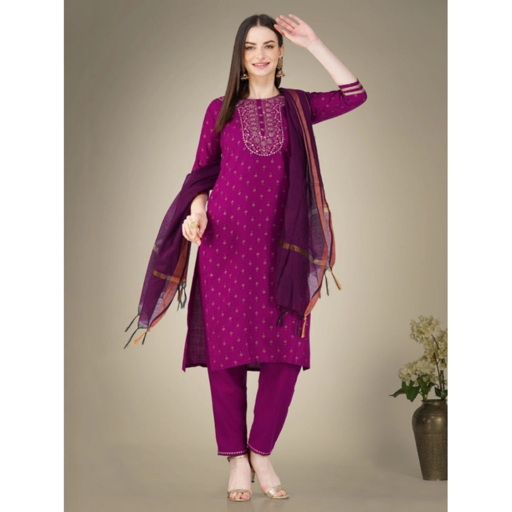 Women's Casual 3-4 th Sleeve Embroidery Cotton Kurti Pant Dupatta Set (Purple) - GillKart