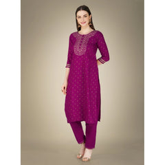 Women's Casual 3-4 th Sleeve Embroidery Cotton Kurti Pant Dupatta Set (Purple) - GillKart