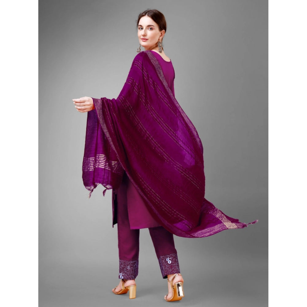 Women's Casual 3-4 th Sleeve Embroidery Cotton Kurti Pant Dupatta Set (Purple) - GillKart