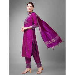 Women's Casual 3-4 th Sleeve Embroidery Cotton Kurti Pant Dupatta Set (Purple) - GillKart