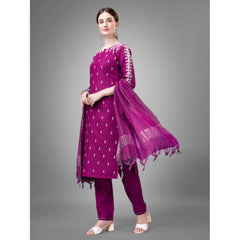 Women's Casual 3-4 th Sleeve Embroidery Cotton Kurti Pant Dupatta Set (Purple) - GillKart