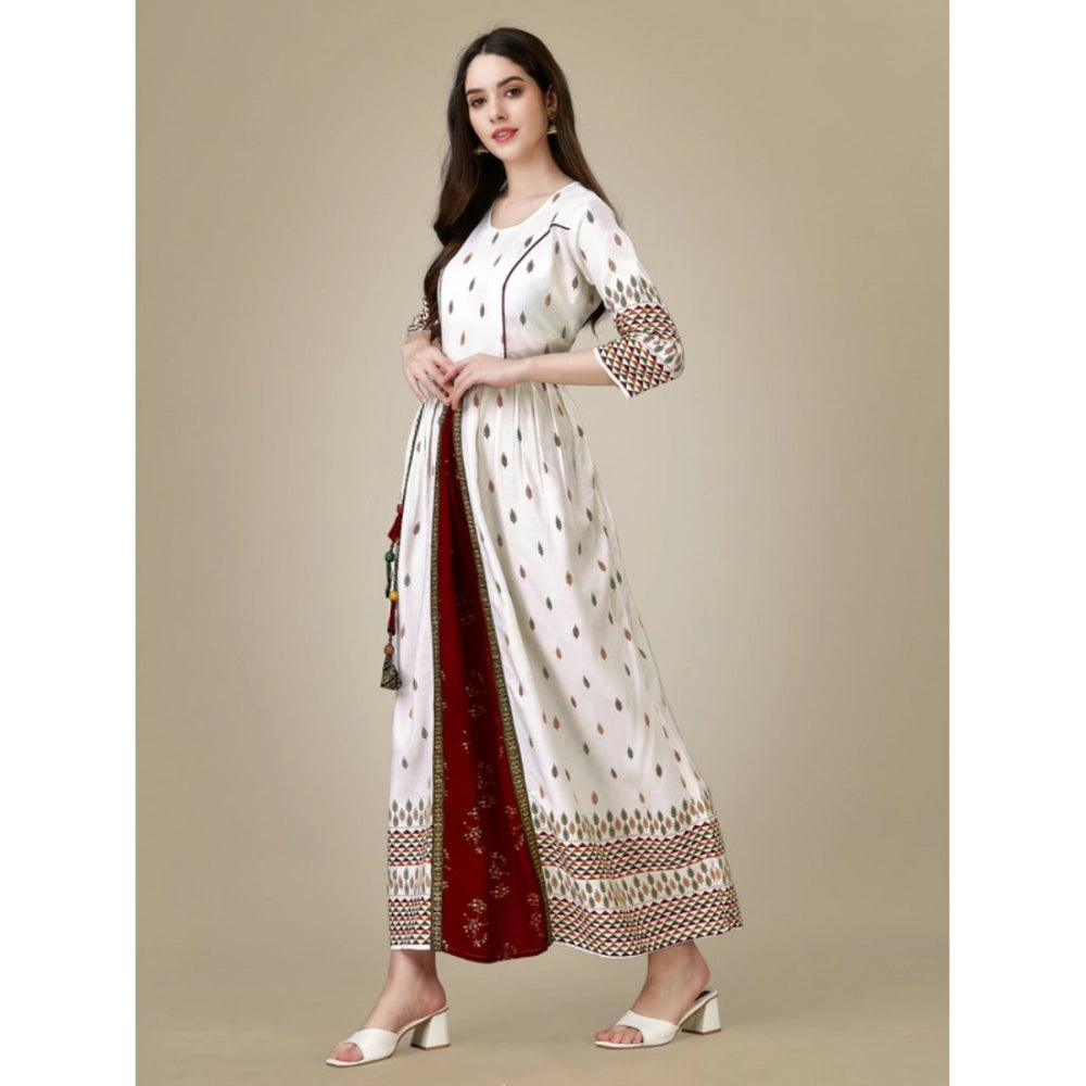 Women's Casual 3-4 th Sleeve Printed Rayon Gown (White) - GillKart