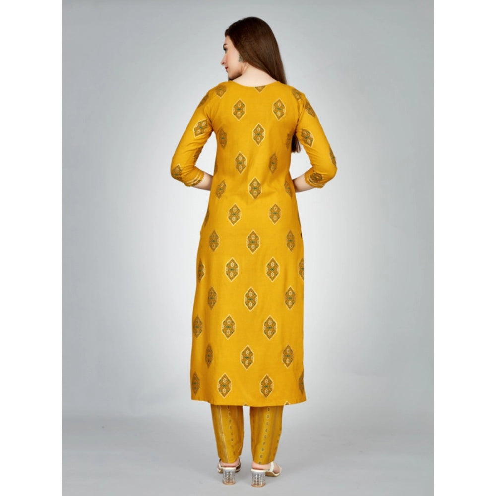 Women's Casual 3-4 th Sleeve Embroidery Rayon Kurti Pant Set (Yellow) - GillKart