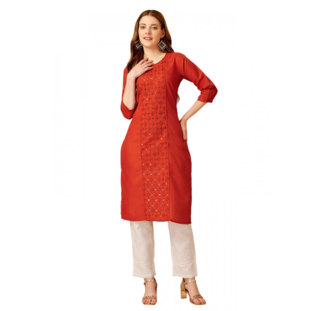 Women's Casual 3-4 th Sleeve Embroidery Cotton Kurti Pant Set (Brown) - GillKart