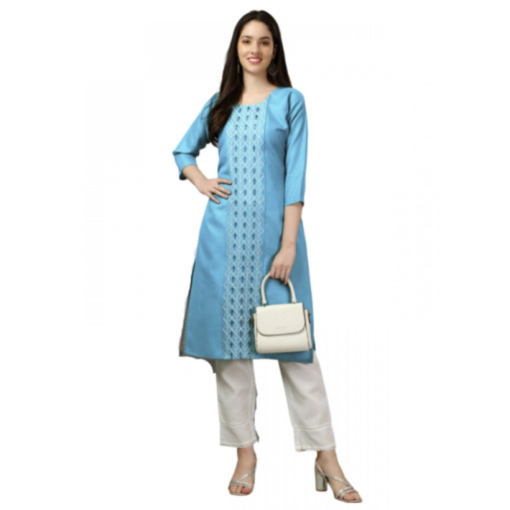 Women's Casual 3-4 th Sleeve Embroidery Cotton Kurti (Light Blue) - GillKart