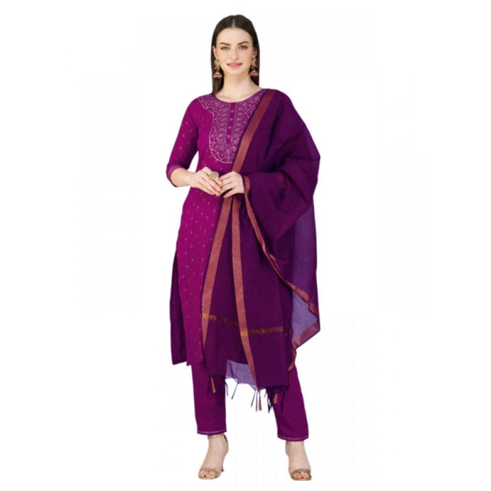 Women's Casual 3-4 th Sleeve Embroidery Cotton Kurti Pant Dupatta Set (Purple) - GillKart