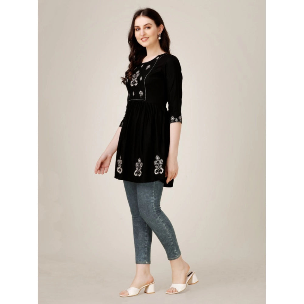 Women's Casual 3-4 th Sleeve Embroidered Rayon Tunic Top (Black) - GillKart