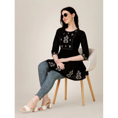 Women's Casual 3-4 th Sleeve Embroidered Rayon Tunic Top (Black) - GillKart