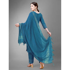 Women's Casual 3-4 th Sleeve Embroidery Cotton Kurti Pant Dupatta Set (Blue ) - GillKart