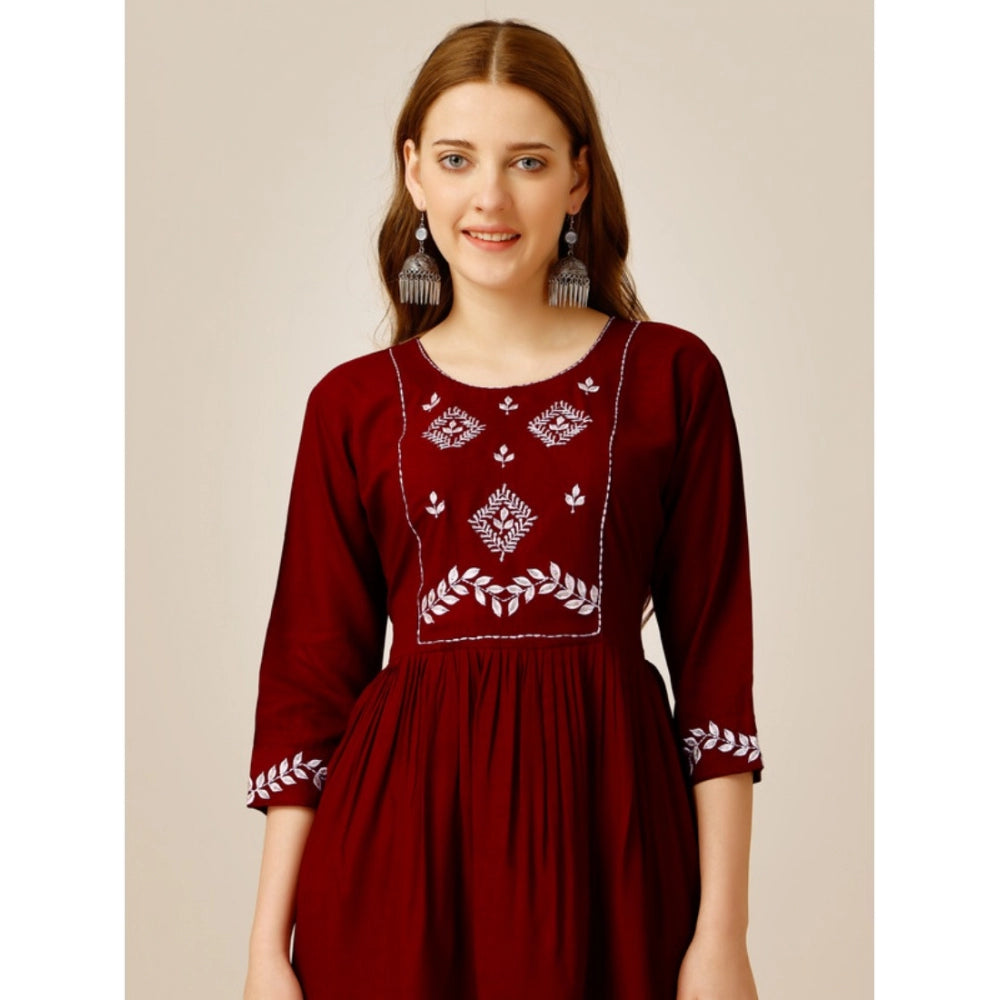 Women's Casual 3-4 th Sleeve Embroidered Rayon Tunic Top (Maroon) - GillKart