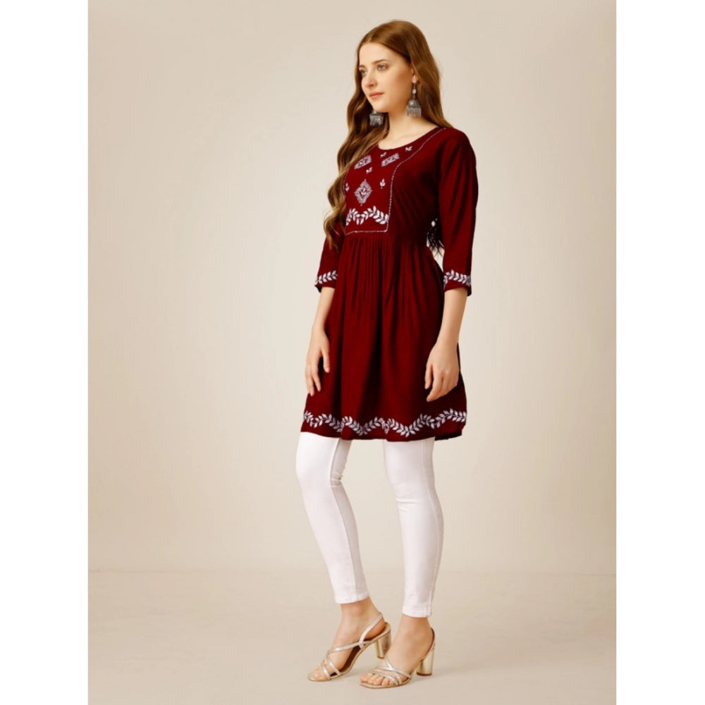 Women's Casual 3-4 th Sleeve Embroidered Rayon Tunic Top (Maroon) - GillKart