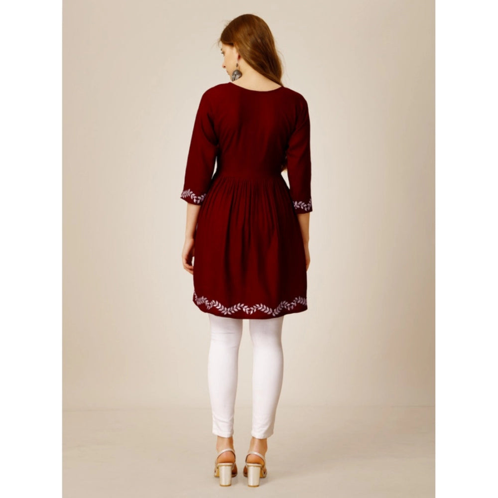 Women's Casual 3-4 th Sleeve Embroidered Rayon Tunic Top (Maroon) - GillKart