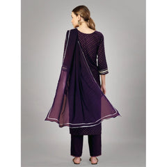 Women's Casual 3-4 th Sleeve Embroidery Silk Blend Kurti Pant Dupatta Set (Purple) - GillKart