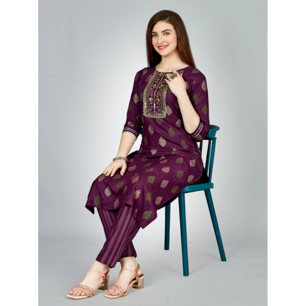 Women's Casual 3-4 th Sleeve Embroidery Rayon Kurti Pant Set (Purple) - GillKart