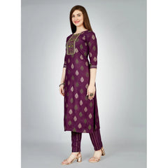 Women's Casual 3-4 th Sleeve Embroidery Rayon Kurti Pant Set (Purple) - GillKart