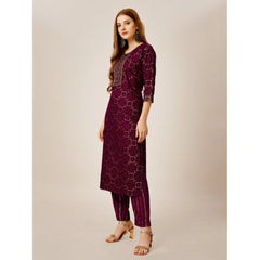 Women's Casual 3-4 th Sleeve Embroidery Rayon Kurti Pant Set (Purple) - GillKart